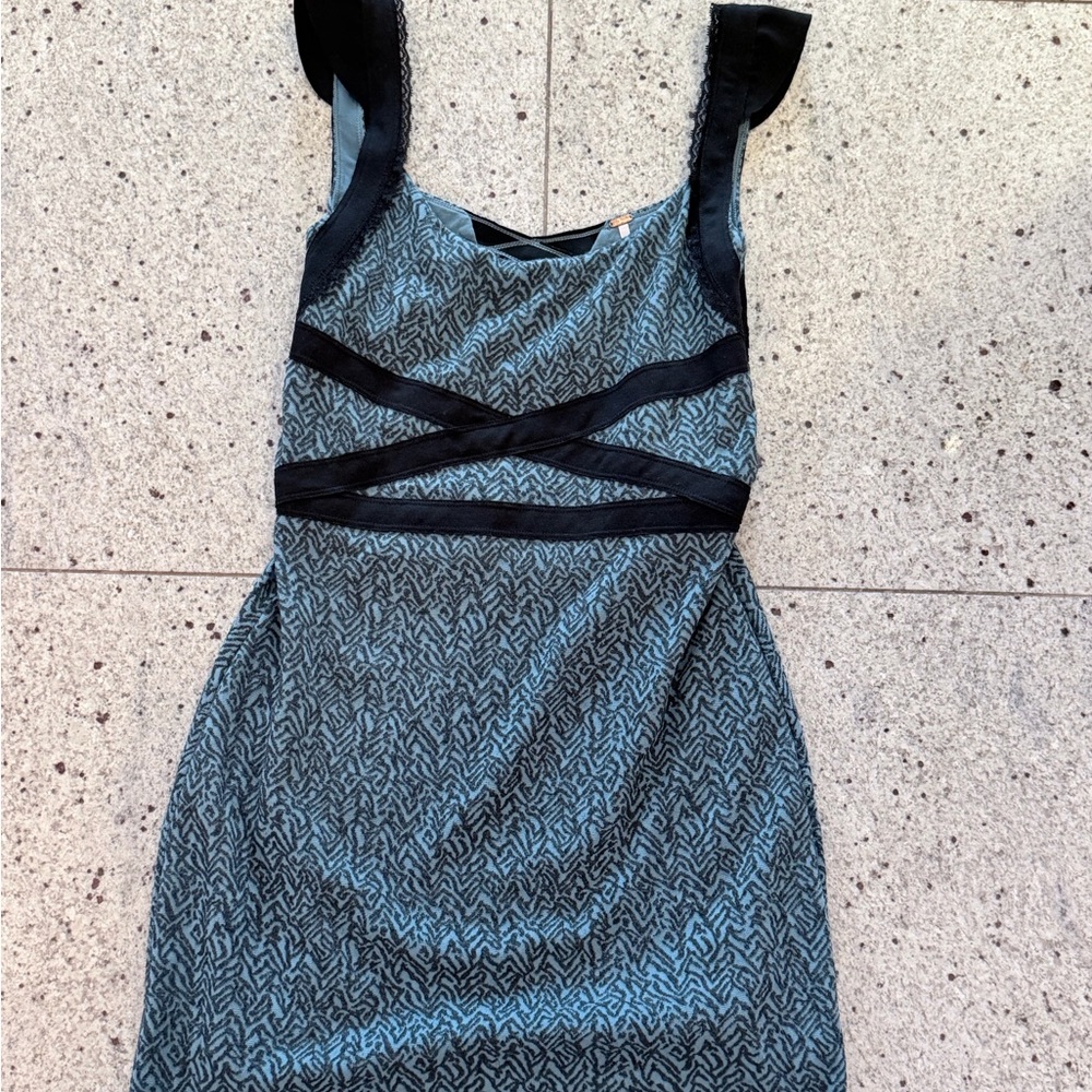 Free People Teal Patterned Mini Dress with Black Trim